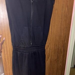 Black Sleeveless Jumpsuit with Hood & Shoulder Pads